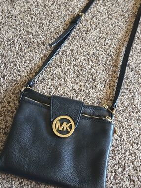 Michael Kors Black Leather Crossbody with Gold MK Medallion